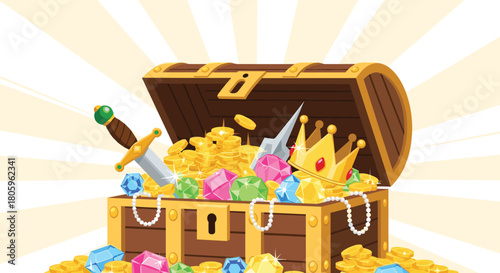 Uncover hidden riches with this treasure chest overflowing with gold coins, sparkling gems, a majestic crown, and a gleaming sword for your next adventure