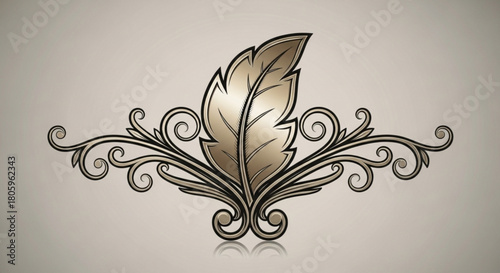 An ornate golden leaf design, intricately crafted with swirling details, graces a soft beige background, exuding elegance and sophistication in its decorative form