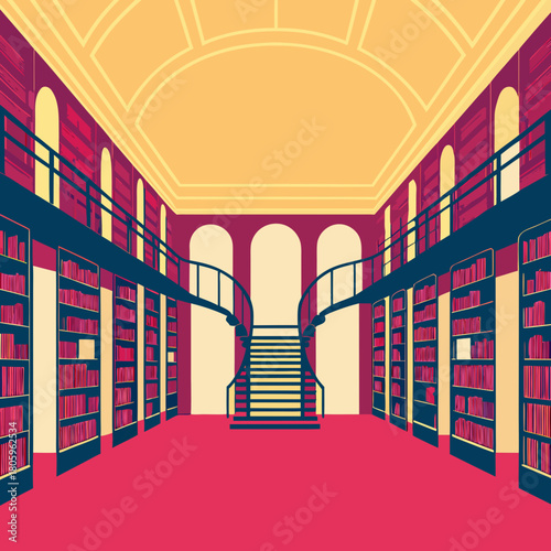 A grand library with rows of bookshelves and a central staircase
