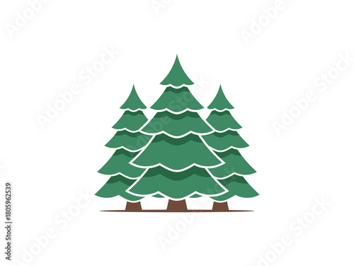 A flat design illustration of a small forest or cluster featuring three stylized green coniferous trees with brown trunks.