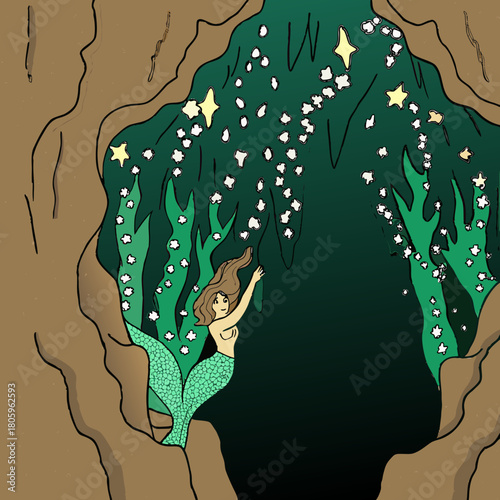 A mermaid reaches for a star in a cave under the sea