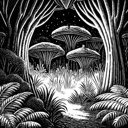 A monochrome forest scene with mushrooms under a starry sky