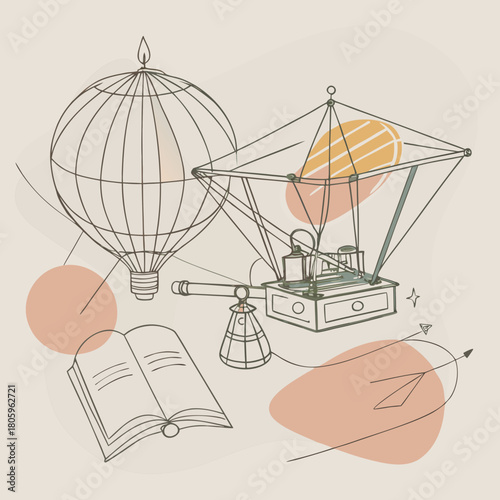 Fotografi A whimsical illustration of a hot air balloon and flying machine