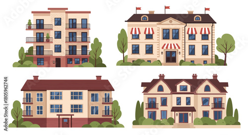 Charming collection of residential buildings showcasing diverse architectural styles, perfect for real estate marketing and neighborhood planning projects
