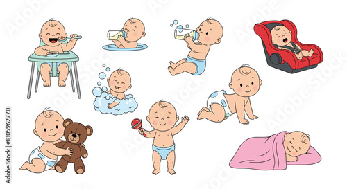 Adorable baby activities collection feeding, bathing, playing, sleeping and car seat safety illustration for new parents and childcare designs