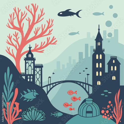 An illustration of an underwater city with coral and fish
