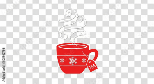 A red mug with a tea bag and steam coming out of it, decorated with snowflakes, perfect for a cozy winter drink isolated on