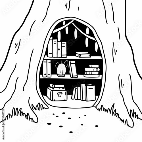 Bookshelf inside a tree trunk isolated on