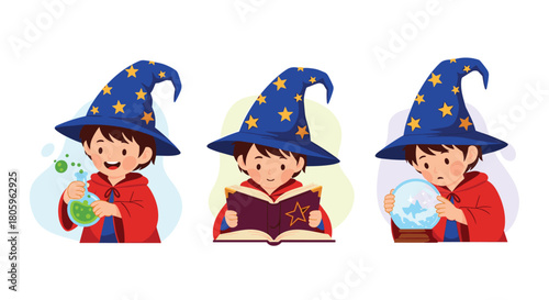 Adorable wizard kid practicing magic with potions, spellbook, and crystal ball in a charming fairytale setting perfect for children's stories