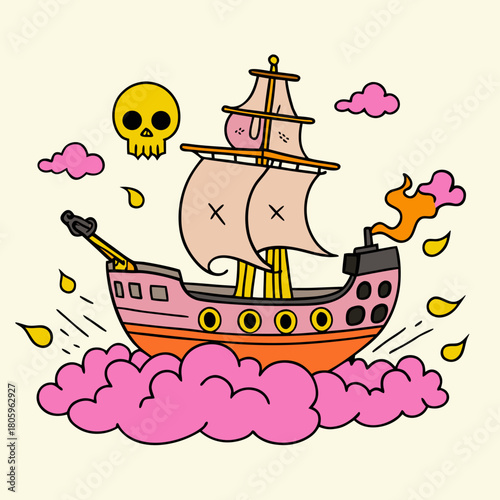 Cartoon pirate ship sailing on clouds with skull and cannon