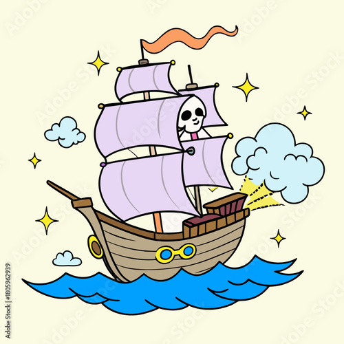 Cartoon pirate ship sailing on the sea with skeleton on the sail