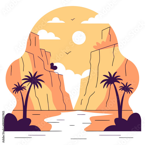Desert landscape illustration with palm trees and canyon view
