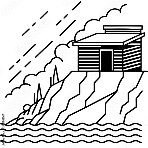 Minimalist cabin on cliff isolated on drawing