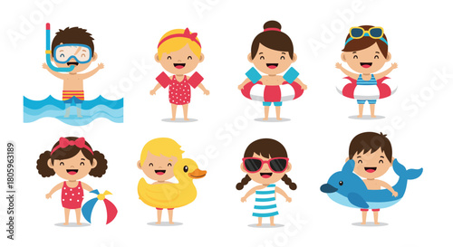 Adorable kids enjoying summer fun with colorful floats and swimsuits, perfect for vacation vibes and playful designs for children's products