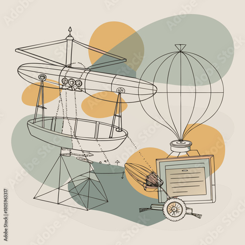 Steampunk airship design with a boat and hot air balloon element