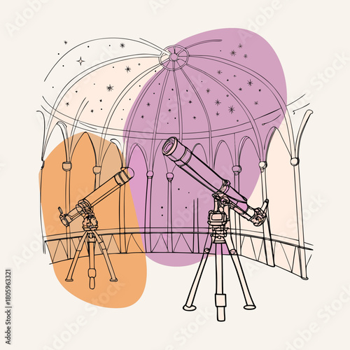 Telescopes in an observatory with colorful accents on