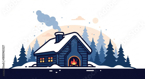 A cozy cabin nestled in a snowy forest, smoke rising from the chimney, isolated on a warm fire glows in the window, creating a peaceful winter scene
