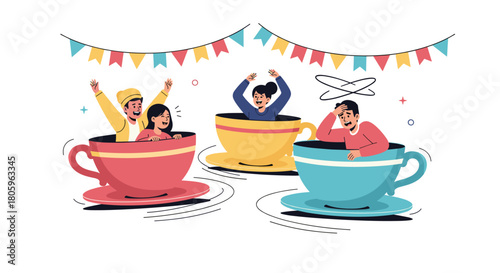 Whimsical carnival ride illustration featuring happy and dizzy people in teacups, perfect for family fun or amusement park promotions