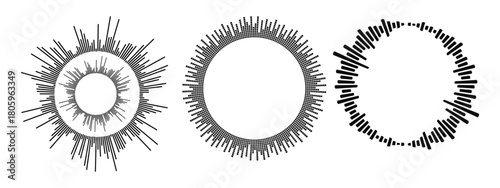 
Black podcast sound wave patterns with varying amplitude bars for audio visualization and media interfaces. Digital frequency lines on white bg for music players.