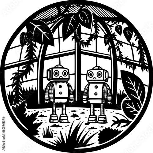 Two robots in a greenhouse black and white illustration