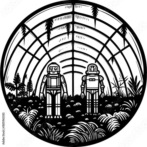 Two robots standing in a greenhouse isolated on