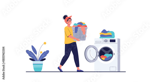 Cheerful woman doing laundry with colorful clothes in a bright, clean home, perfect for lifestyle and domestic scenes or cleaning product marketing