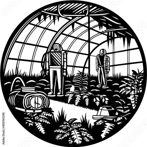 Two robots in a greenhouse isolated on
