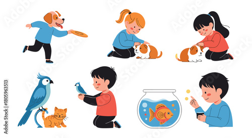 Kids lovingly playing with their adorable pets including dogs, cats, birds, guinea pigs, and fish in a happy, playful animal family scene
