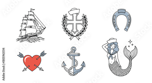 Charming nautical tattoo flash sheet featuring a sailing ship, mermaid, anchor, heart, horseshoe and cross for creative projects and designs
