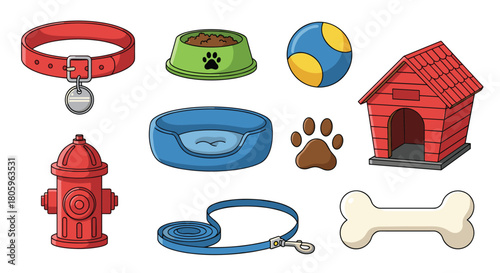 Adorable pet supplies set for playful pups including dog house, collar, bone, leash, and toys for happy, healthy animal companions