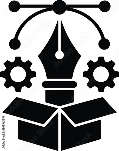 Pen nib and gears emerging from open box vector graphic