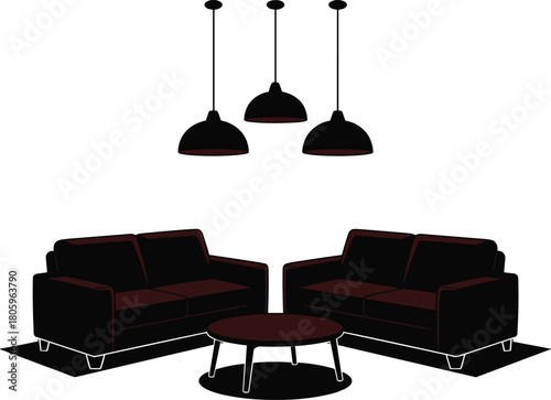 Two dark brown sofas with a coffee table and pendant lights