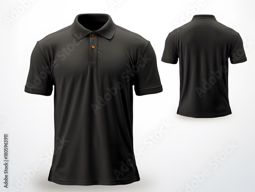 Blank black men's polo shirt mockup isolated on white background. Front and back view of a casual short sleeve tee template for design and branding.