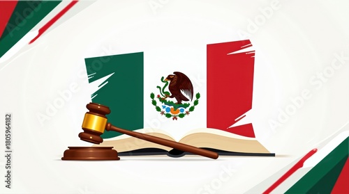 Mexican flag with gavel and open book representing justice and law