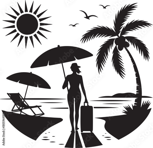 Traveler arriving at tropical beach paradise resort