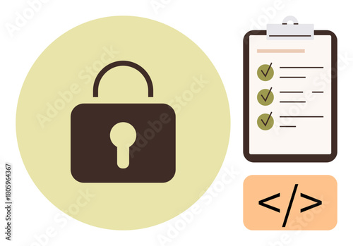 Lock icon highlights security, clipboard with checklist represents compliance, coding tag suggests tech integration. Ideal for privacy, encryption, data protection, regulation, coding, networks