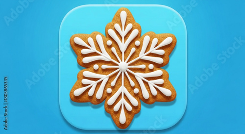 A delicious gingerbread snowflake cookie with intricate white icing details, set against a vibrant blue background, evokes the warmth and joy of the holiday season