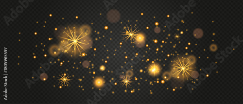Golden effect of radiance and brilliance. Vector illustration with flying sparks, stars, and bokeh on a transparent background. Perfect for festive designs, New Year, Christmas, and magic.
