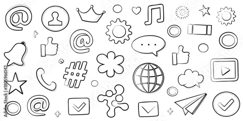 Collection of hand drawn social media icons and symbols in a doodle style on a white background