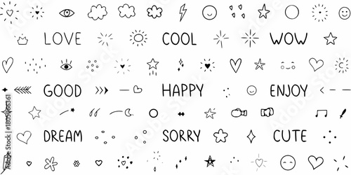 Collection of hand drawn doodle elements including hearts stars clouds lightning bolts smiley faces and words like love happy enjoy dream and cute