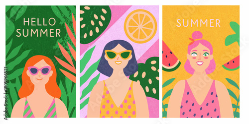Three vibrant summer illustrations featuring diverse women in swimsuits surrounded by tropical leaves and fruits