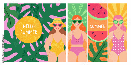 Vibrant summer collection featuring diverse women in swimwear and tropical motifs