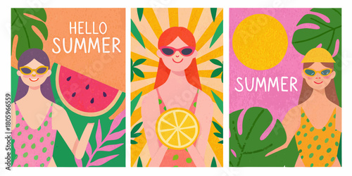 Vibrant summer triptych featuring diverse women enjoying the season with fruits and tropical leaves