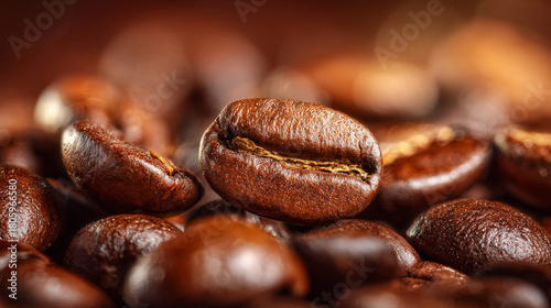 Roasted coffee beans, brown color, shiny texture