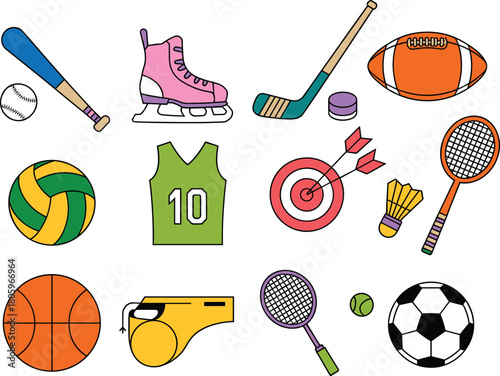Colorful collection of sports equipment icons featuring balls, rackets, jerseys, targets, skates, and gear in modern flat vector illustration style