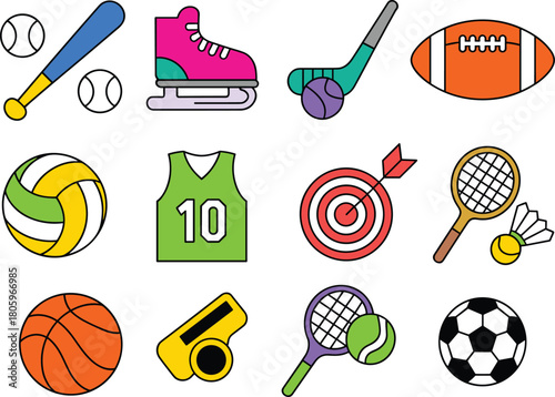 Colorful sports equipment icons collection featuring balls, rackets, jerseys, whistles, and gear in modern flat style for athletic design and illustration projects