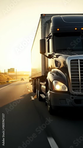 Semi Truck Driving on Highway at Sunset Golden Hour Backlit