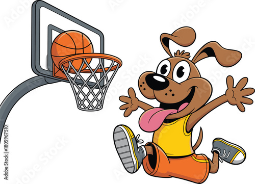 Cute cartoon dog playing basketball while jumping happily near hoop, fun animal sports character illustration perfect for kids design and playful graphics
