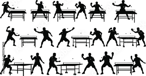 Dynamic table tennis player silhouettes practicing various strokes and gameplay actions, competitive ping pong sport illustration, black vector figures on white background