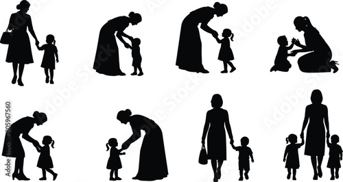 Mother and child silhouettes in various caring poses, nurturing family relationship illustration, parenting support concept, black vector figures on white background